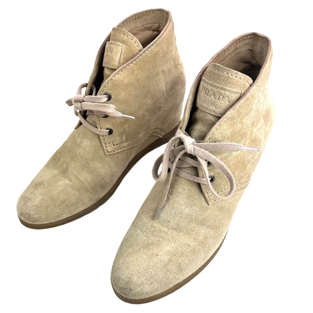 Prada women’s Tan Suede Rounded Toe Lace-Up Wedges Size: 38 - Picture 12 of 16